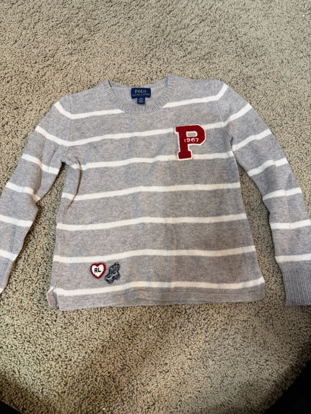 Polo by Ralph Lauren Gray & White Striped Crewneck Sweater with Red P Patch kids